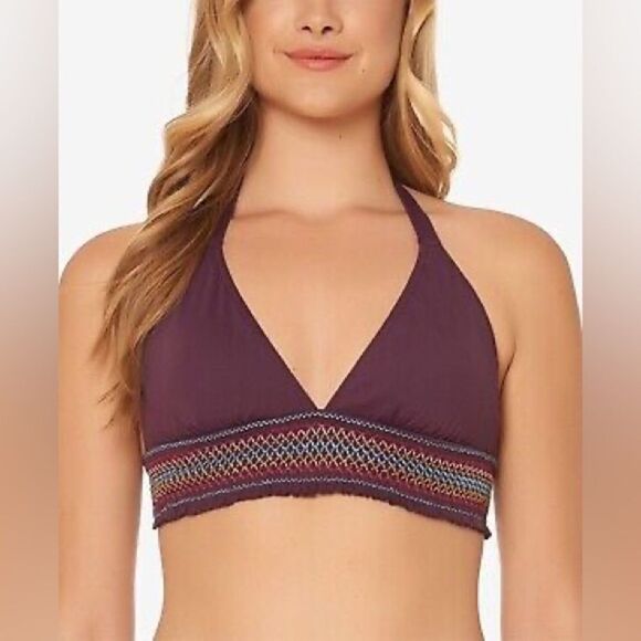 Bleu Rod Beattie NWT Smock it to Ya Halter Embroidered Bikini Top in Aubergine 8 - Picture 3 of 8